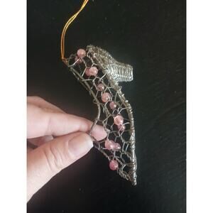 vintage metal wire shoe Ornament heel with beads Christmas Hand Made